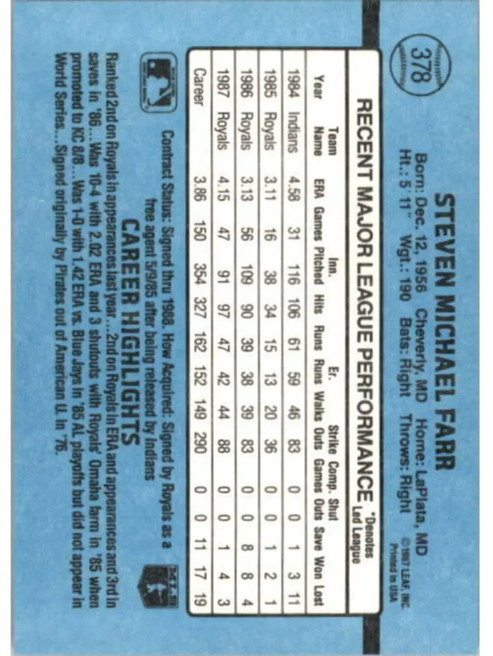 1988 Steve Farr Donruss Baseball Card #378